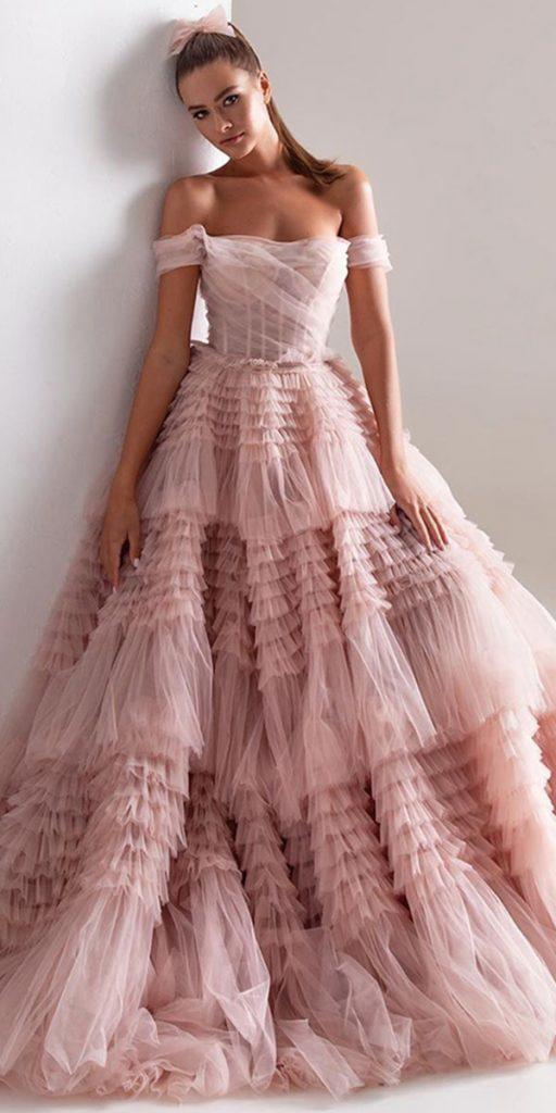 blush wedding dresses strapless neckline ruffled skirt milla nova