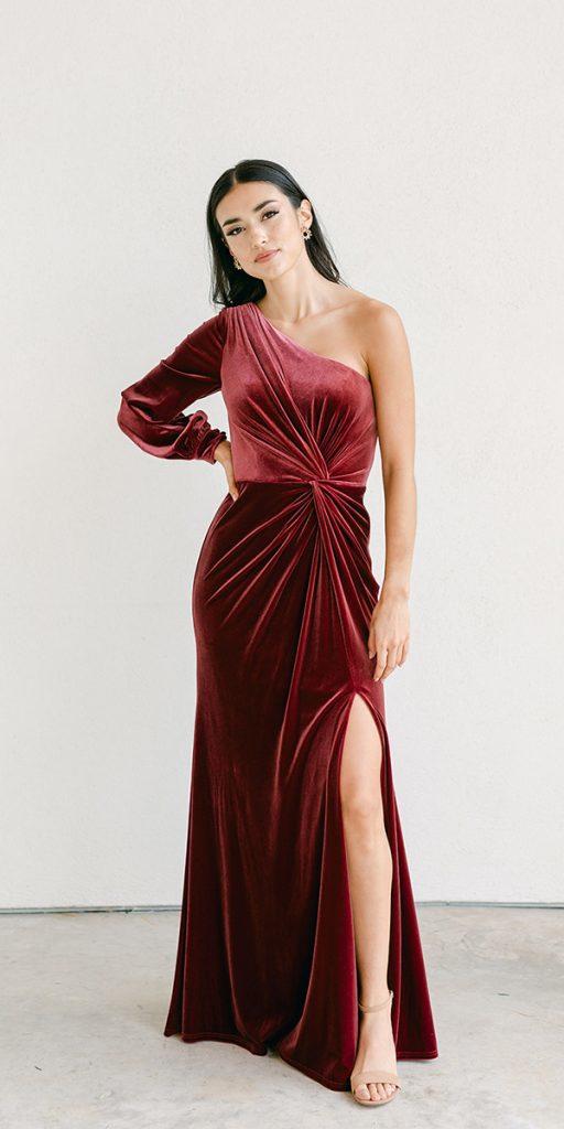 fall wedding guest dresses sara neville with one shoulder velvet burgundy