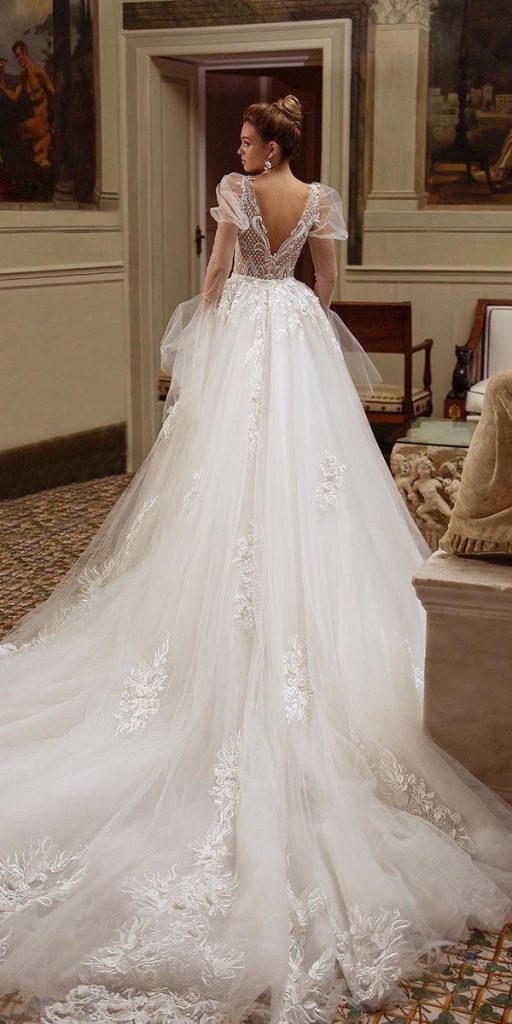 illusion long sleeve wedding dresses ball gown v back lace train tinavalerdi