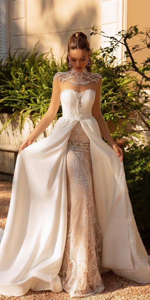 illusion long sleeve wedding dresses nude with overskirt lace tinavalerdi