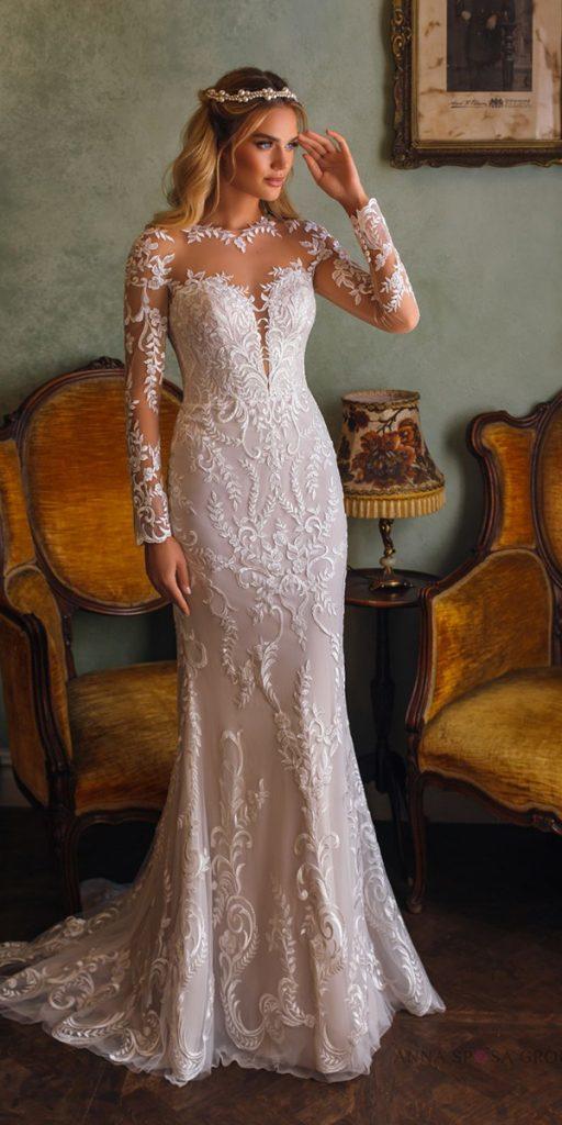 illusion long sleeve wedding dresses sheath lace sweetheart neckline la petra