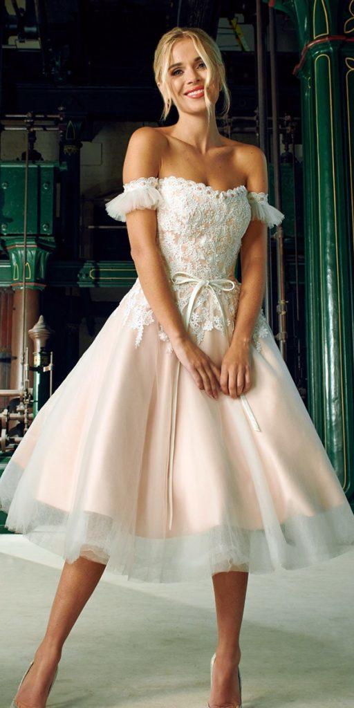 knee length wedding dresses sweetheart neckline off the shoulder blush lace mooshkibridal