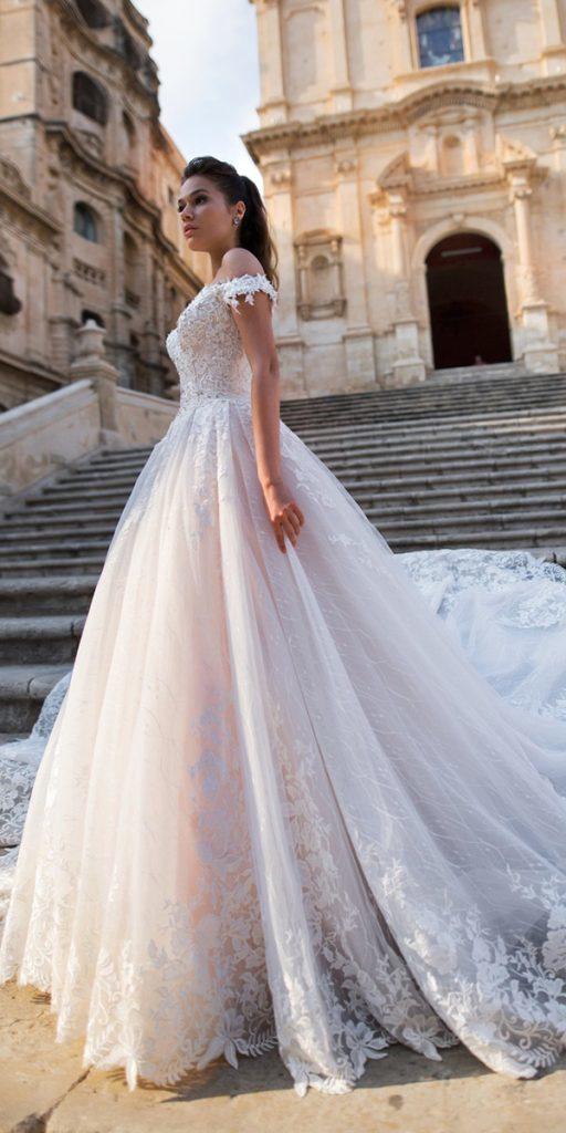 lace ball gown wedding dresses off the shoulder blush lussanobridal