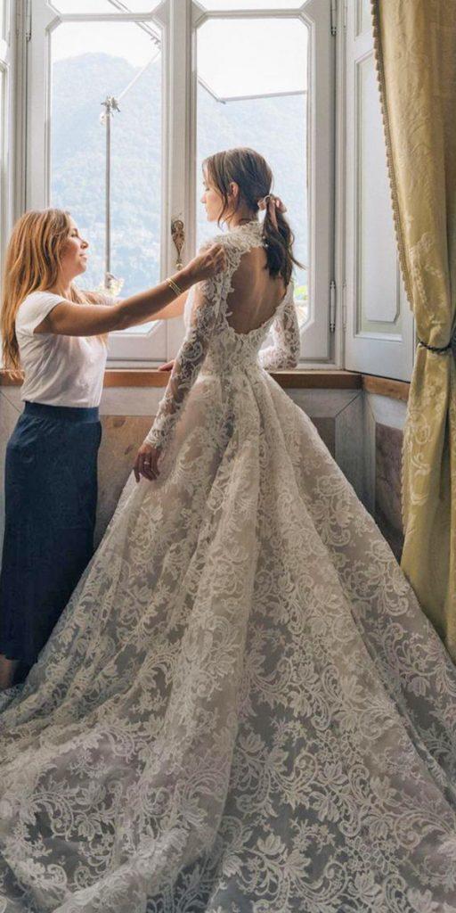 lace ball gown wedding dresses with long sleeves open back train moniquelhuillier