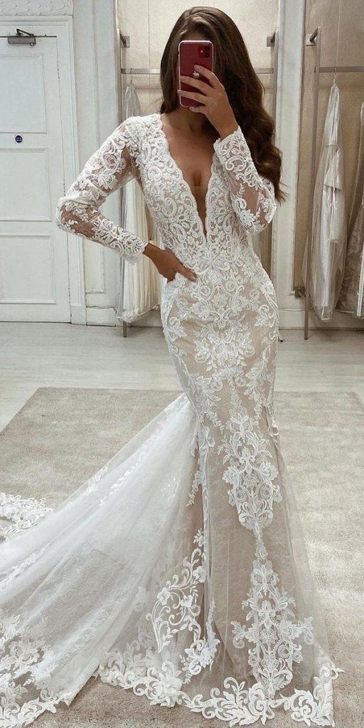 lace wedding dresses with sleeves deep v neckline with long sleeves lace martina liana