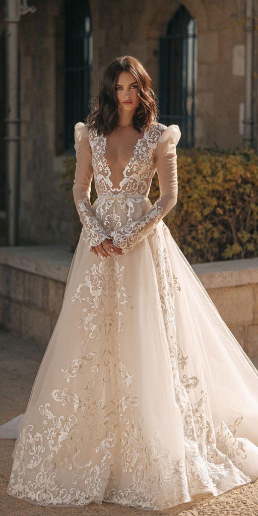 long sleeve wedding dresses a line sexy deep v neckline lace berta