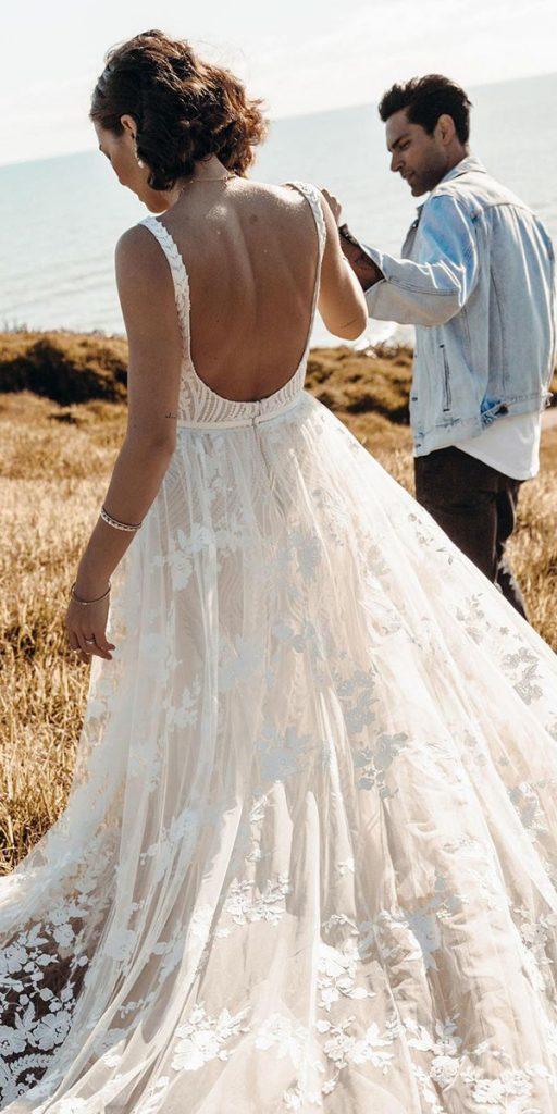 rustic lace wedding dresses a line open back with spaghetti straps loversxsociety