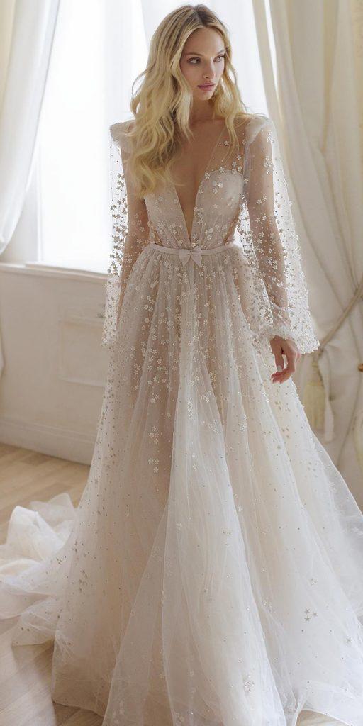 trendy wedding dresses a line with long sleeves deep v neckline julievinobridal