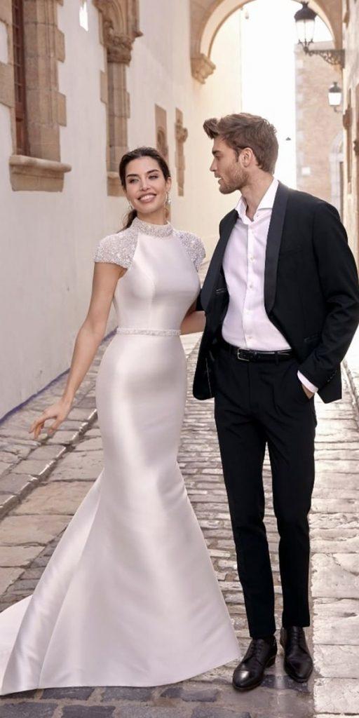 trumpet wedding dresses simple with cap sleeves satin ronaldjoyce