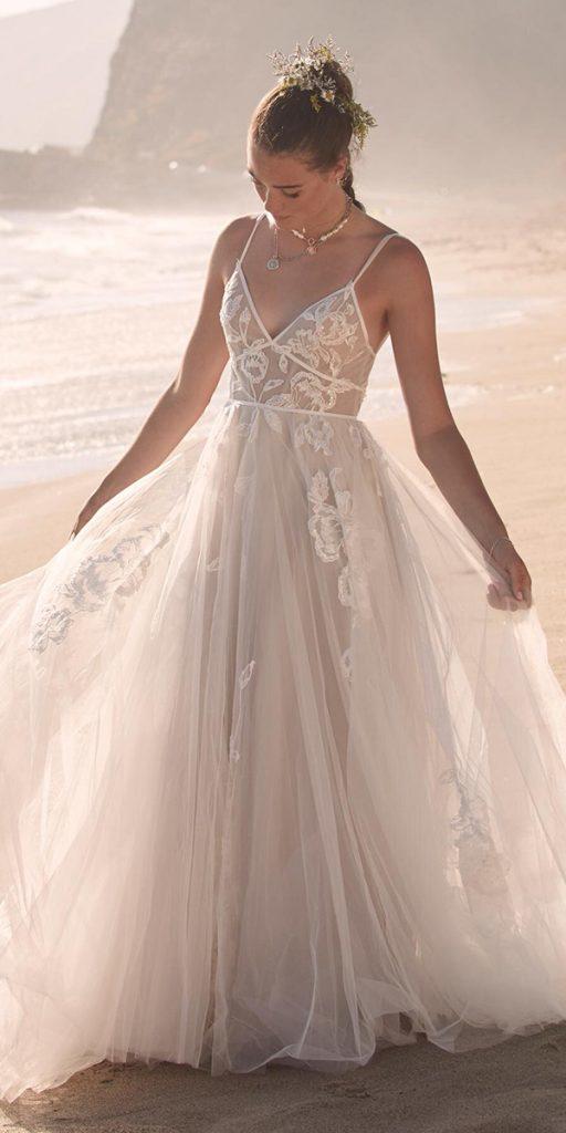 beach destination wedding dresses a line with spaghetti straps flowy lace watters