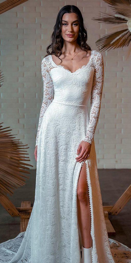 bohemian wedding dresses lace with slit long sleeves wearyourlovexo