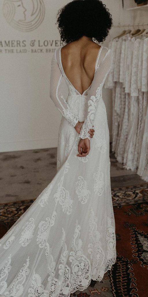 lace boho wedding dresses open back with long sleeves sheath dreamersandlovers