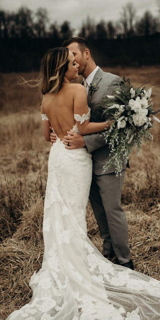 lace boho wedding dresses sheath train backless rustic lizakirkphotography