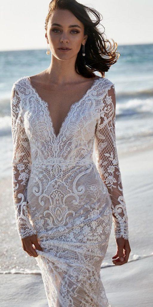 lace bridal gowns with long sleeves v neckline vintage zavana