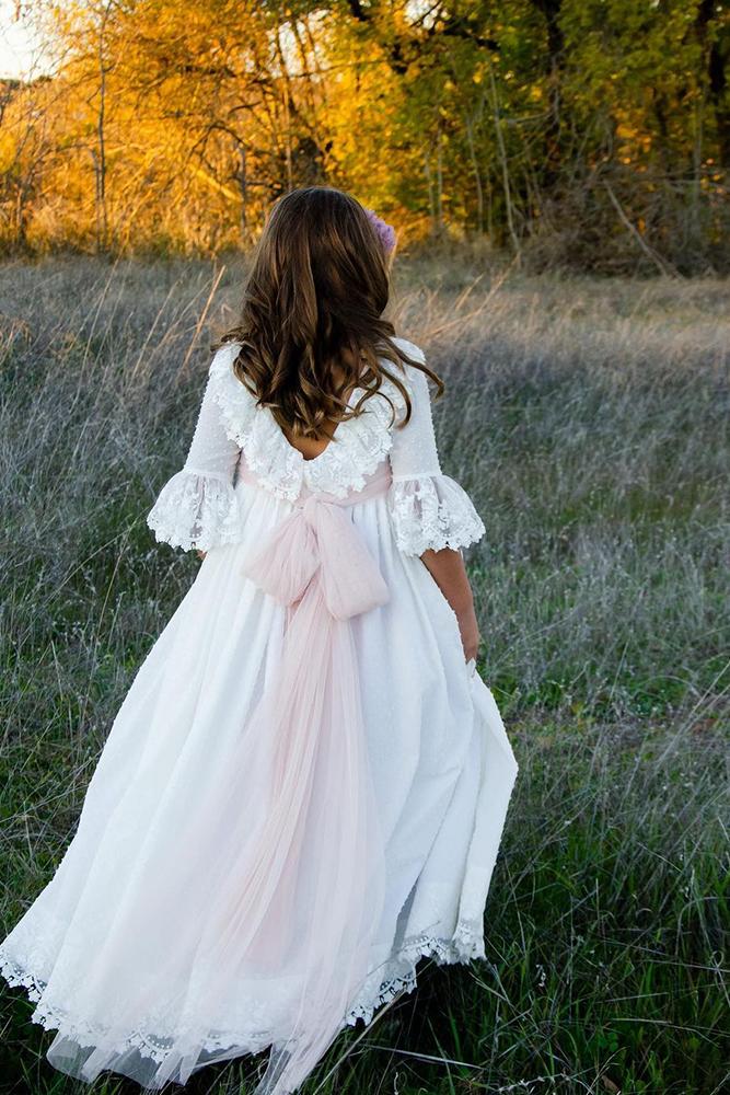 lace flower girl dresses with sleeves bow boho rustic deluciavestidosdearras