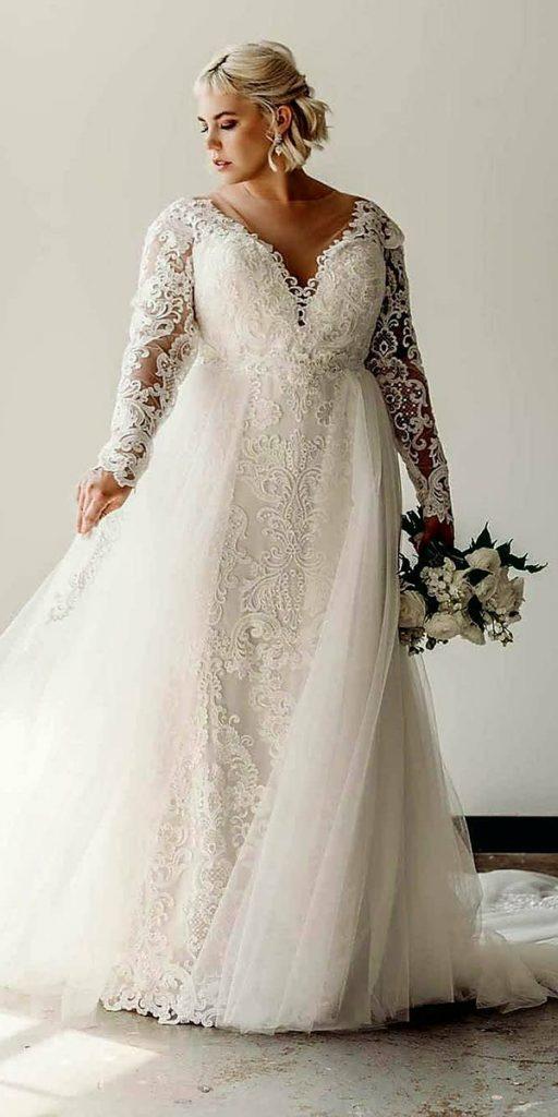 lace plus size wedding dresses with long sleeves overskirt sweetheart neckline studiolevana