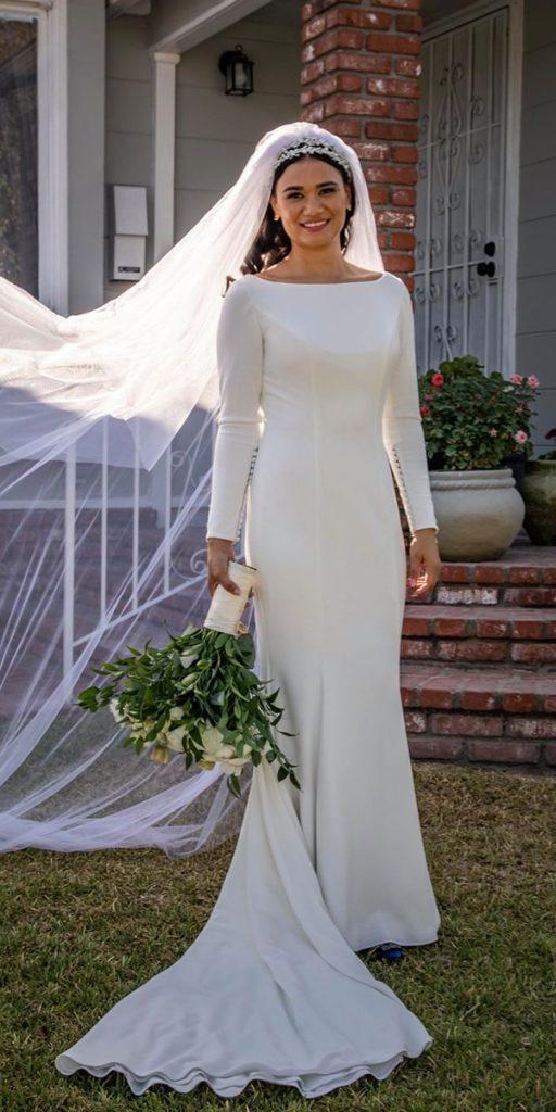 modest wedding dresses sheath with long sleeves similar to meghan markle cocomelody