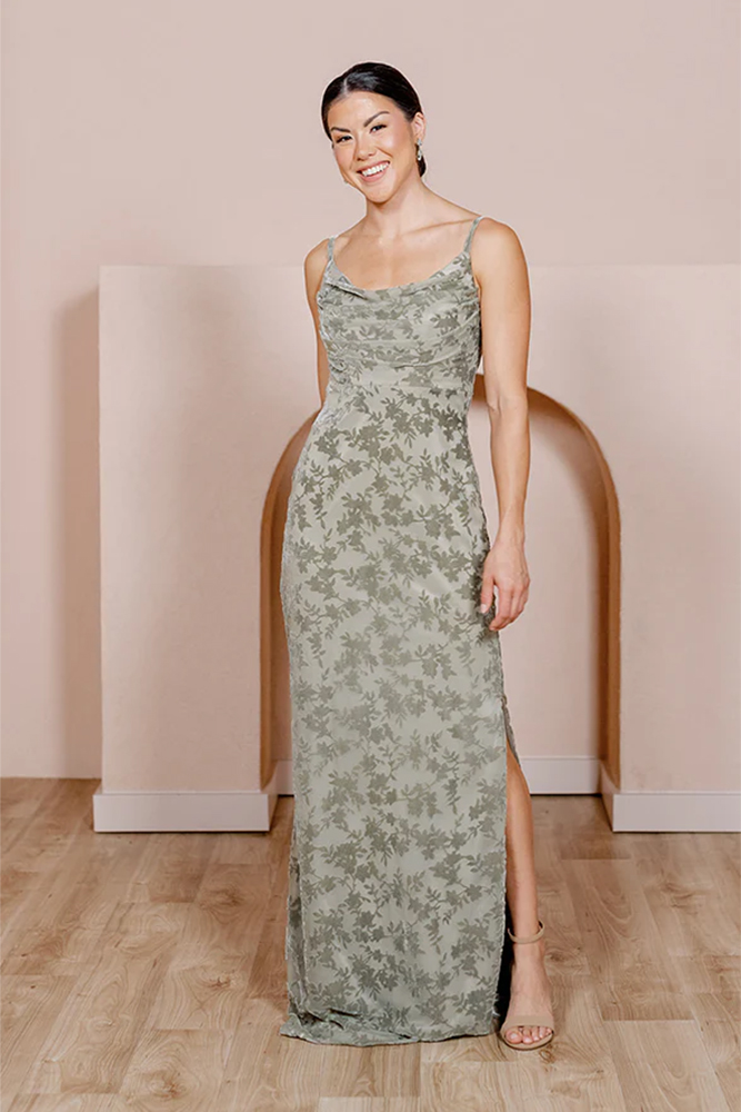 sage green floral bridesmaid dresses long velvet revelry