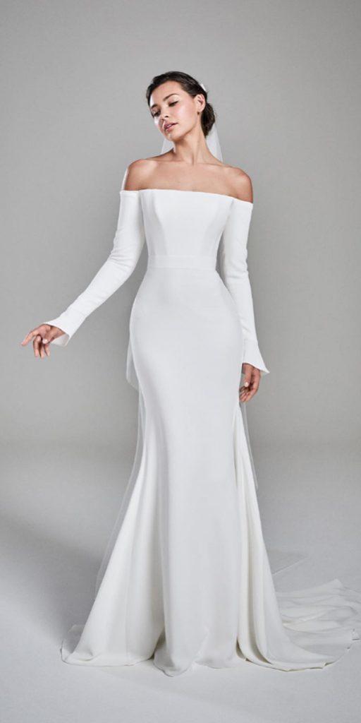  satin mermaid wedding dresses simple off the shoulder with long sleeves suzanneneville