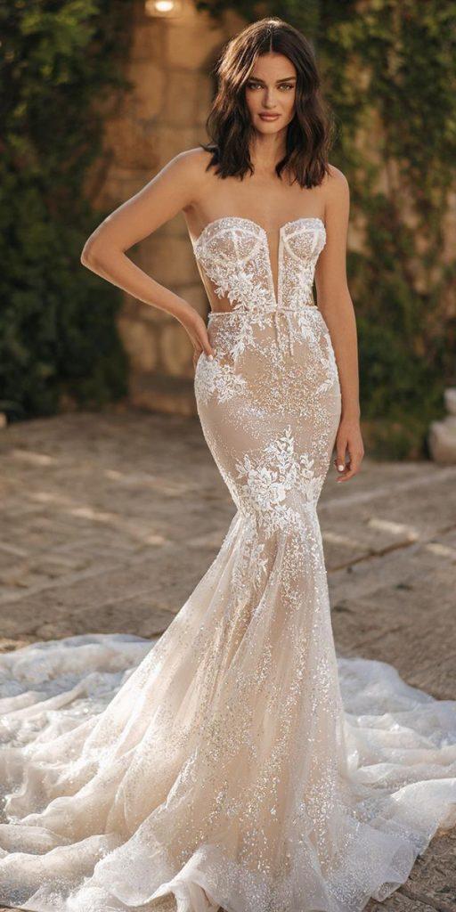 sweetheart mermaid wedding dresses strapless neckline lace train berta