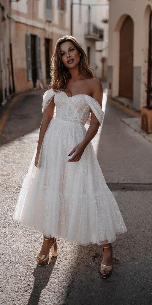 one shoulder tea length wedding dress