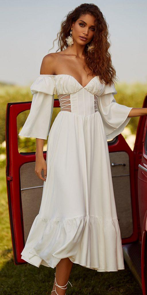 tea length wedding dresses simple off the shoulder with sleeves alamour
