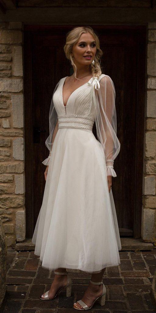  tea length wedding dresses simple with long sleeves truebride