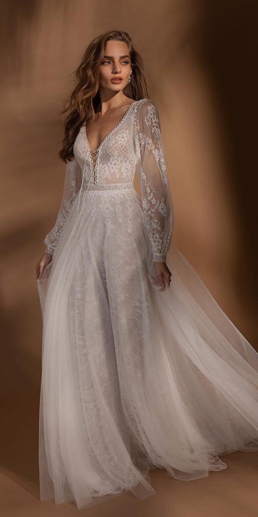 wedding dresses with lace sleeves v neckline a line boho asafdadushbridal