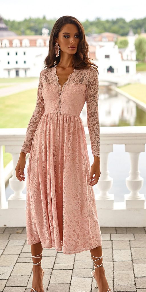wedding guest dresses for spring tea length lace with long sleeves pink alamour