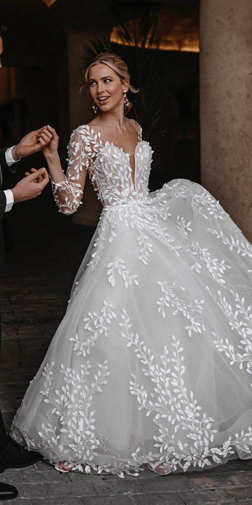 bridal gowns with sleeves a line with floral lace sweetheart neckline tali__photography