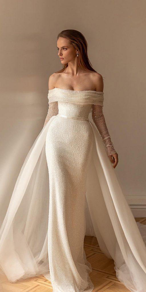 bridal gowns with sleeves sheath off the shoulder with overskirt evalendel