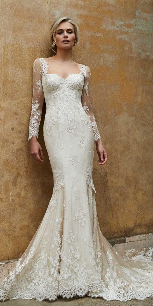 lace wedding dresses with sleeves mermiad with long sleeves sweetheart neckline sassiholford