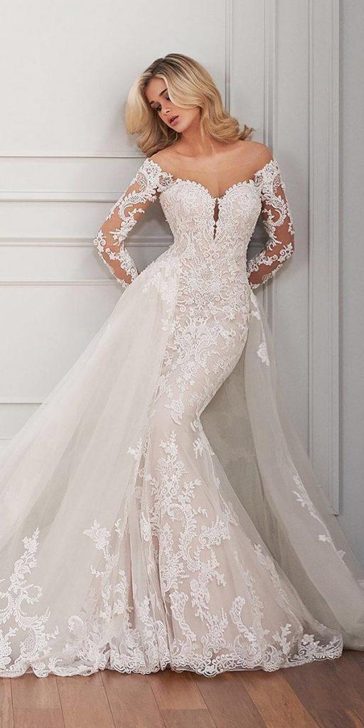 lace wedding dresses with sleeves off the shoulder mermiad with overskirt martinthornburg