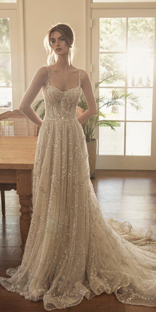 romantic bridal gowns a line with spaghetti straps train sequins nettabenshabu