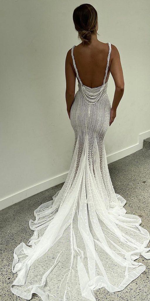 romantic bridal gowns mermaid spaghetti straps with pearls train kyhastudios