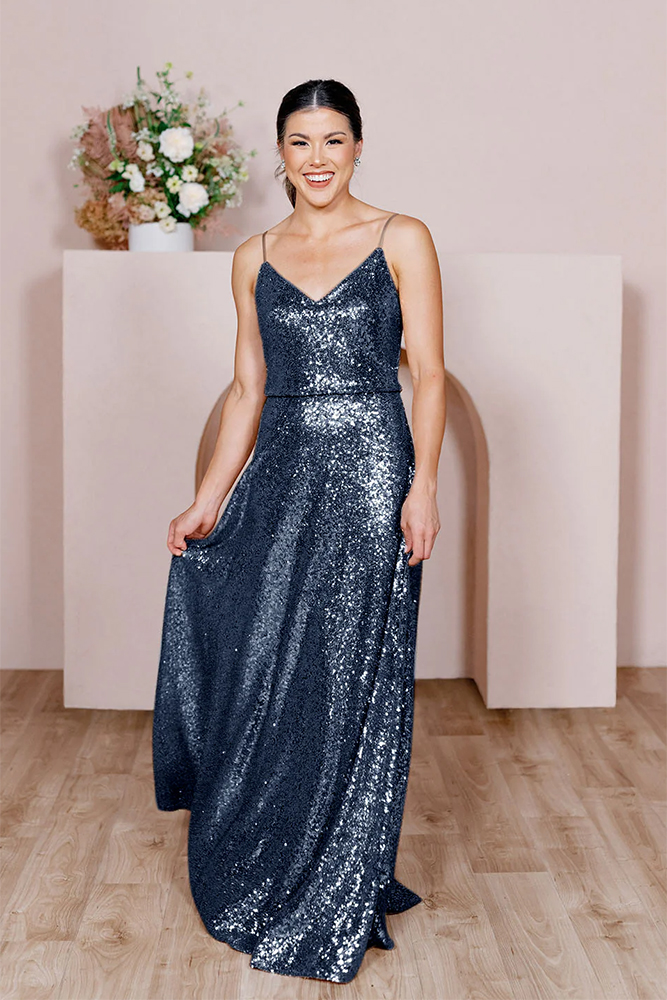 sequin bridesmaid dresses navy with spagjetti straps revelry