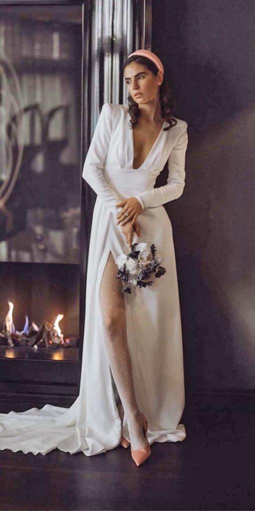 simple wedding dresses with sleeves a line deep v neckline slit pronovias