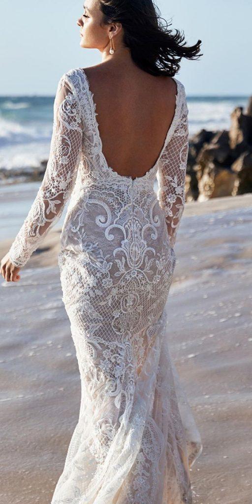 vintage wedding dresses sheath with long sleeves lace open back zavanabridal