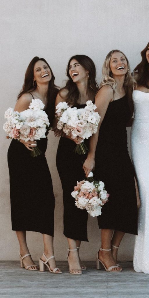 wedding party dresses black bridesmaid simple tea length petalandpup
