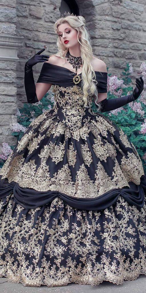 black wedding dresses gothic with gold lace romanticthreads