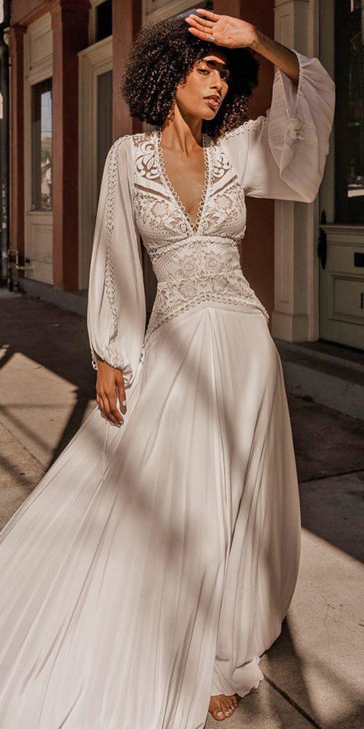 boho wedding dresses with sleeves gypsy lace v neckline ruedeseine