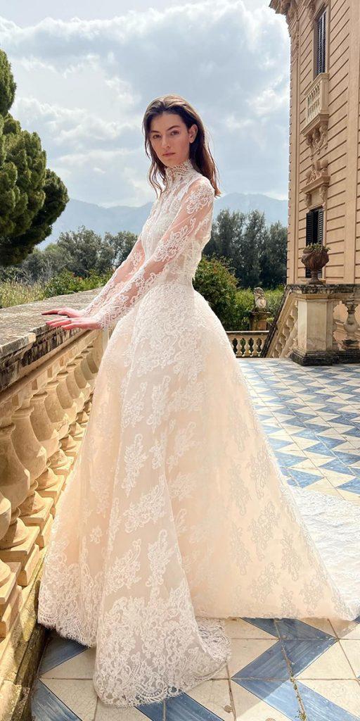 lace ball gown wedding dresses high neck with long moniquelhuillier