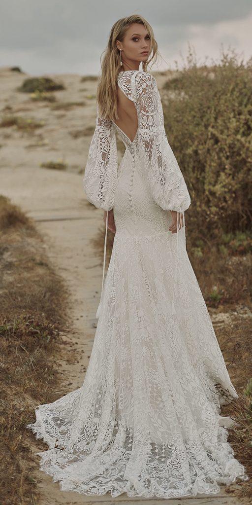 lace beach wedding dresses sheath open back with long sleeves lace rish bridal