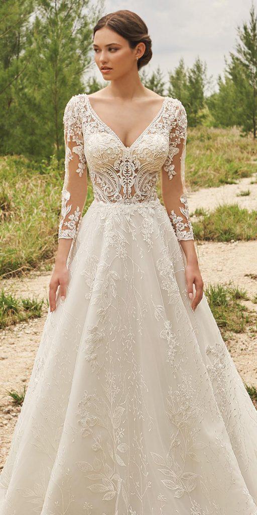 long sleeve wedding dresses a line illusion lace v neckline martinthornburg