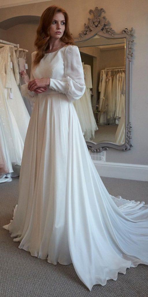 modest wedding dresses simple with long sleeves train sassiholford