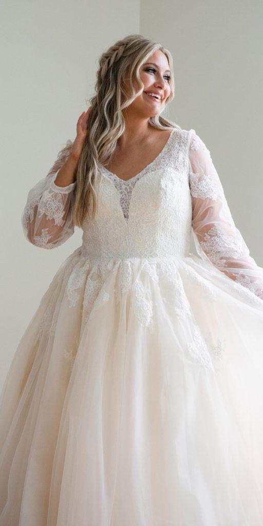 plus size ball gowns wedding dresses with long sleeves lace v neckline andi_b_bridal