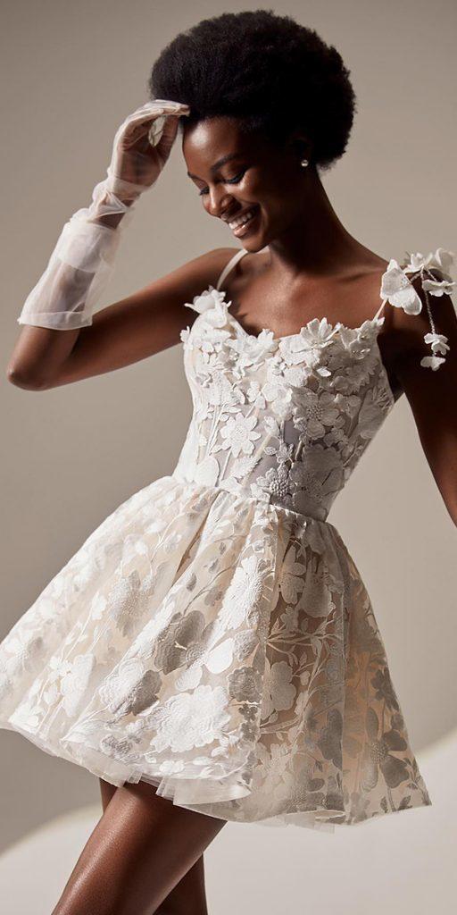 short wedding dresses lace floral sweetheart neckline millanova