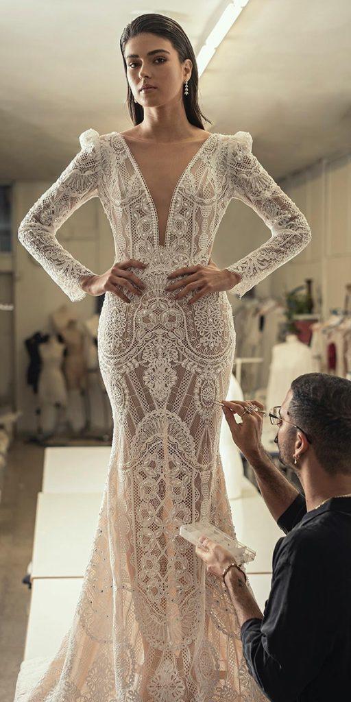 vintage wedding dresses with sleeves lace sexy deep v neckline drorkontento