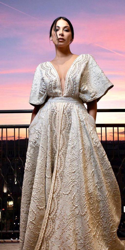 vintage wedding dresses with sleeves with cap sleeves deep v neckline drorkontento