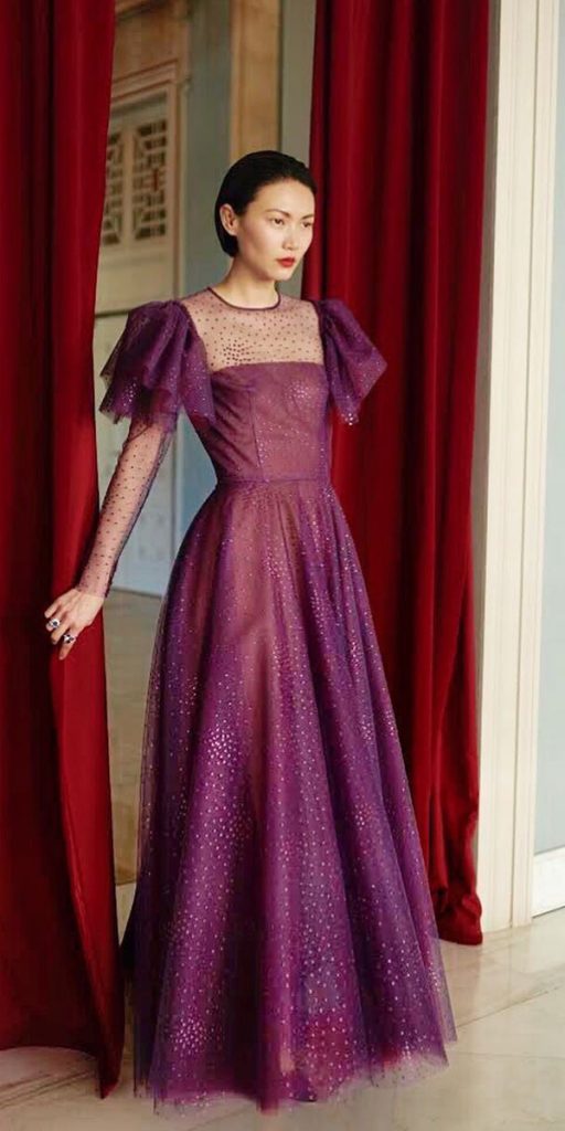  colored wedding dresses a line with cap sleeves purple costarellos